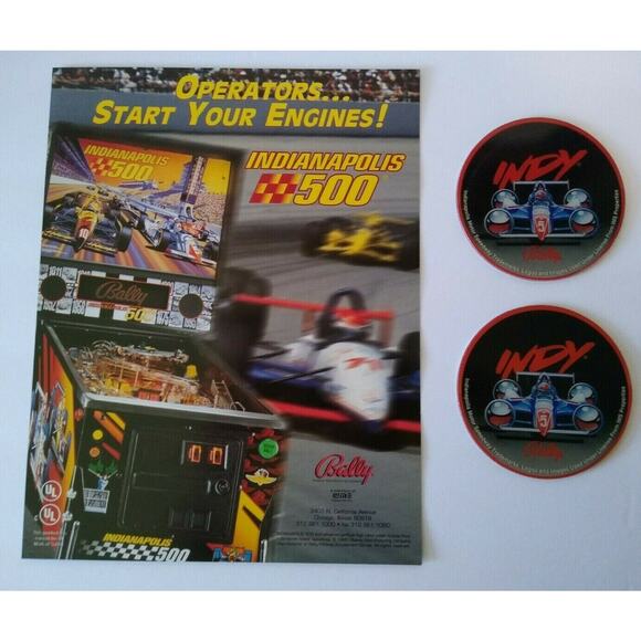 Indianapolis 500 Pinball FLYER & 2 Promos Plastic Coasters Indy Auto Racing NOS - Picture 1 of 4